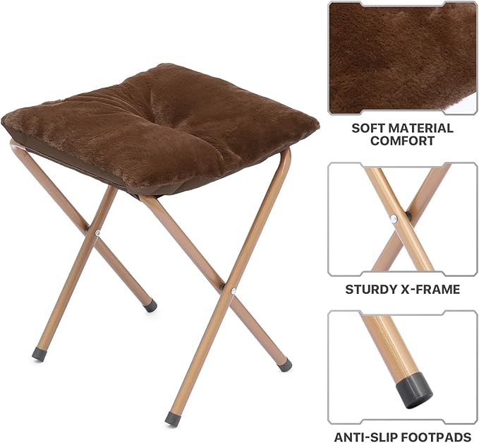 MoNiBloom Round Folding Faux Fur Saucer Chair for Bedroom Living Room Dorm Foldable Metal Frame Oversized Large Comfy Furry Padded Soft Cozy Moon Chair with Footrest Ottoman for Adults (Brown)