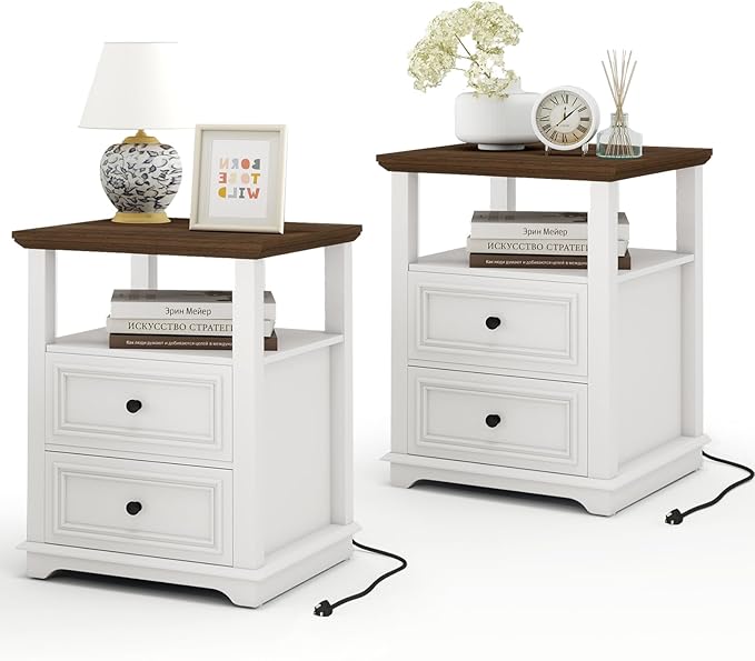 Vipbear Farmhouse Nightstand 18" White End Table with Charging Station & 2 Drawers, Rustic Bedside Table with Storage Shelf for Bedroom, Living Room,18.1" D x 18.1" W x 24.2" H, Set of 2