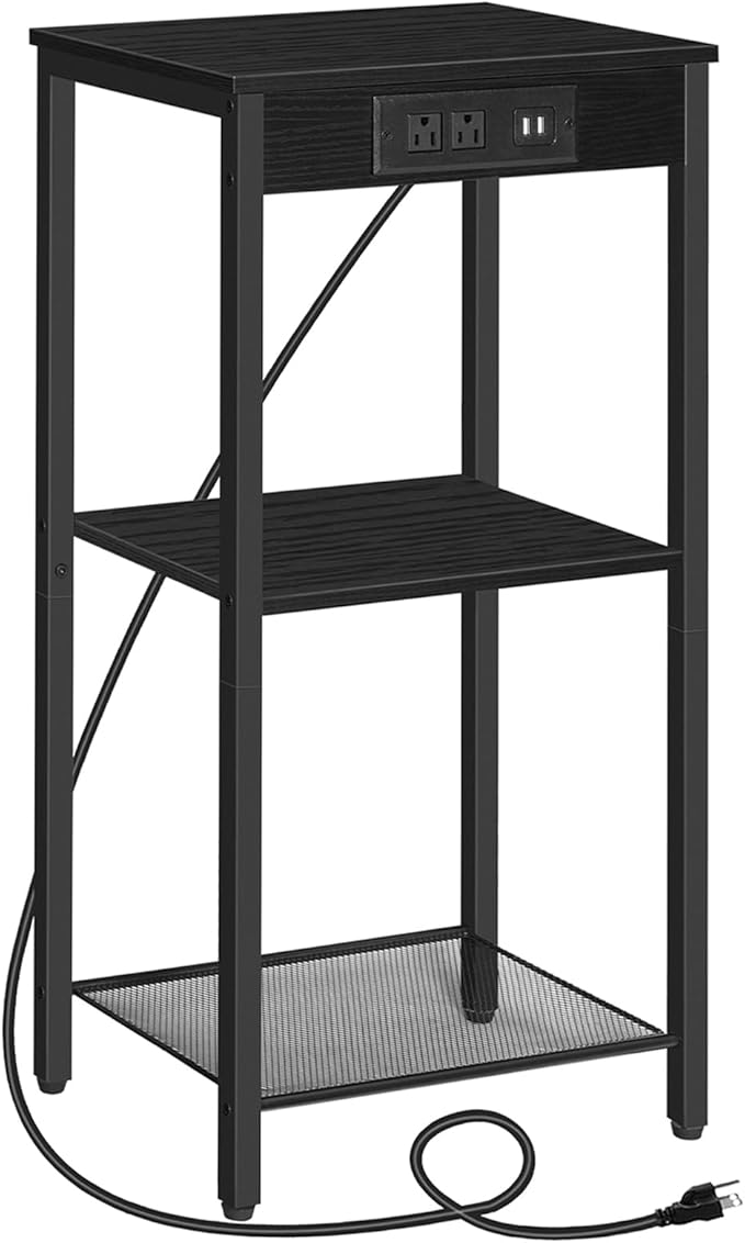 HOOBRO Tall End Table with Charging Station, 30 Inch Tall Nightstand, 3-Tier Side Table with Storage Shelves, for Living Room, Bedroom, Hallway, Black BB09UDH01G1