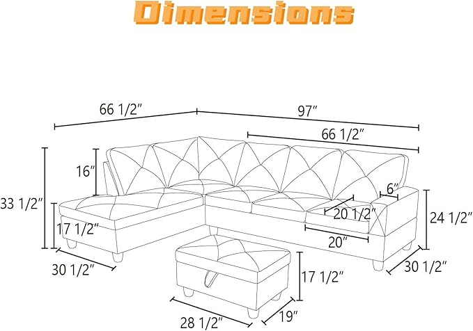 L Shaped Sectional Couch with Otttoman, 97" Leather Sectional Sofa for Living Room Modular Couches with Cup Holders for Bedroom, Apartments, Black