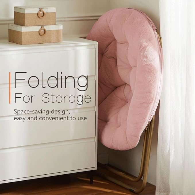 Comfortable Cozy Faux Fur Disc Chair Foldable Feature for Bedroom, Living Room and Dorm, Adult-Sized Relaxation, Pink