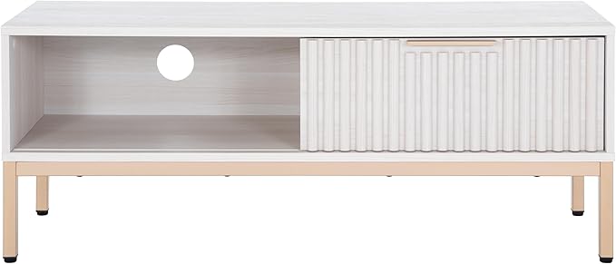SAFAVIEH Lylia TV Stand for up to 55" Flatscreen – White with Gold Legs & Handle, 1 Sliding Door, 1 Open Shelf, Entertainment Media Console (MED9617C)