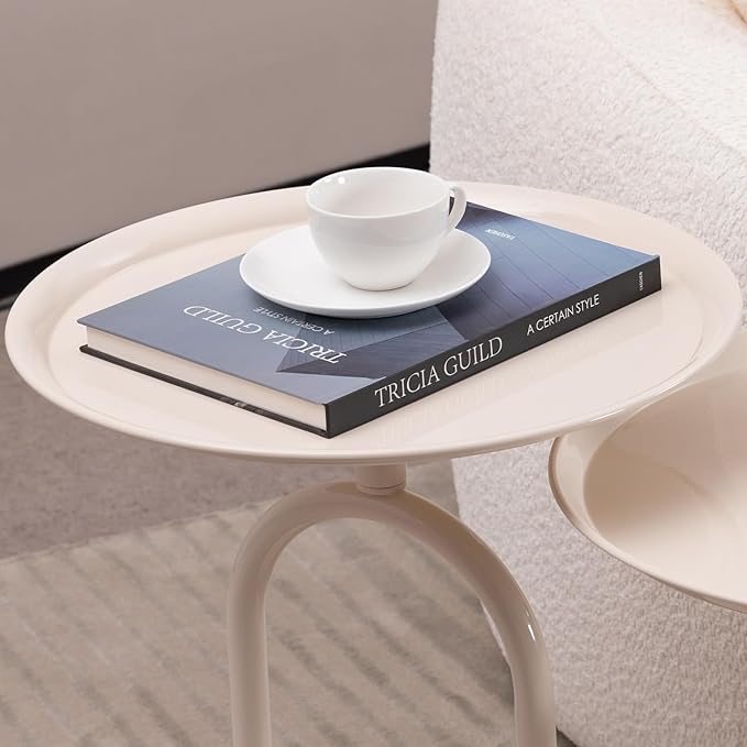 Lantern-Shaped Metal End Table, Small Round Side Accent Pedestal Modern Coffee Drink Cocktail Table for Living Room Corners Small Spaces(24'' Height,Cream White)