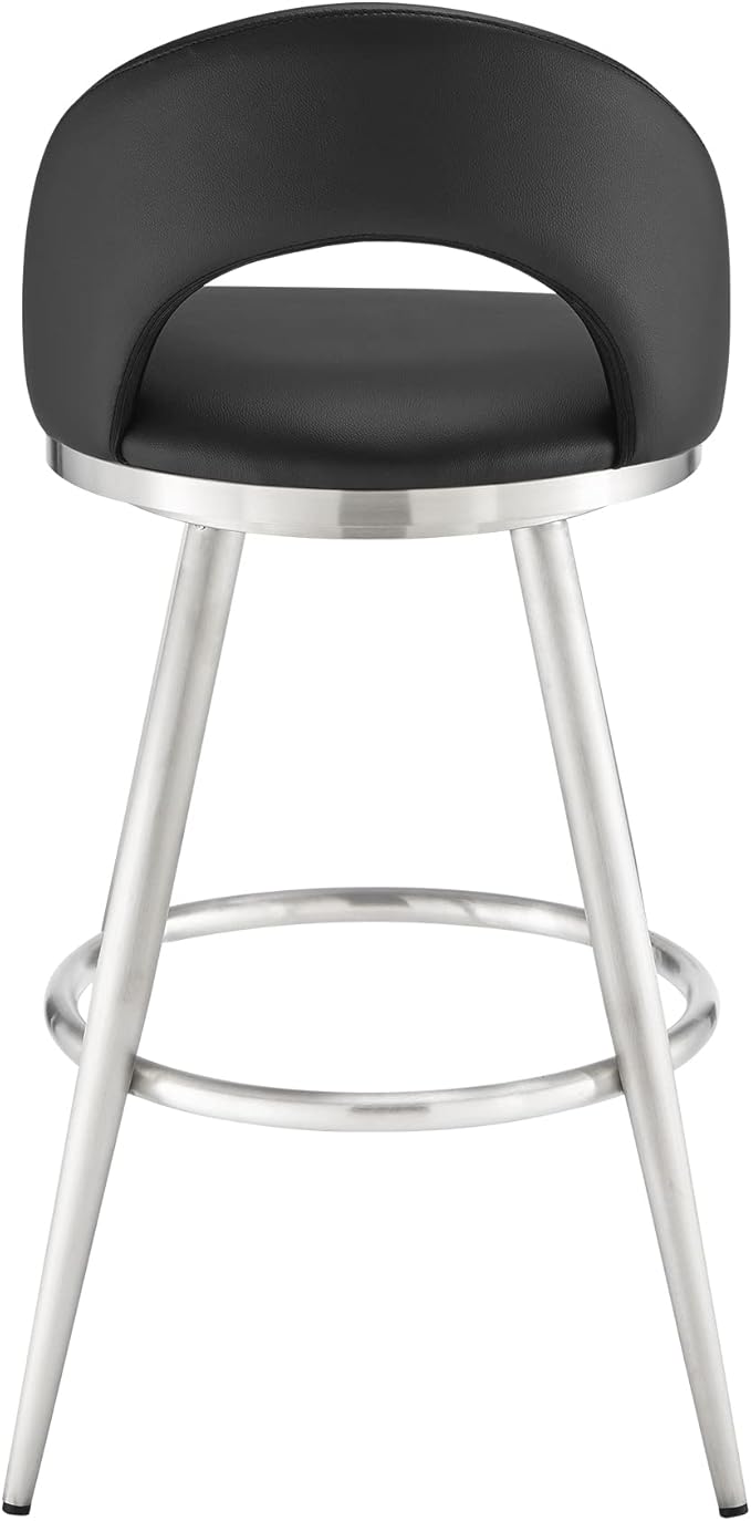 Armen Living Charlotte Swivel Bar Stool in Brushed Stainless Steel with Black Faux Leather