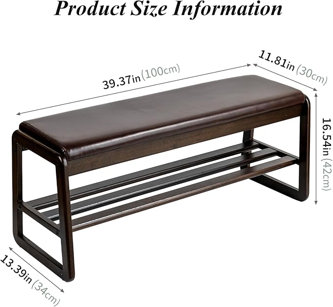 Shoe Bench, Entryway Bench with Leather Cushion, Solid Wood Shoe Rack, Mid Century Modern Bench, Shoe Storage, Shoe Organizer for Entryway (Brown, 39.4" W)