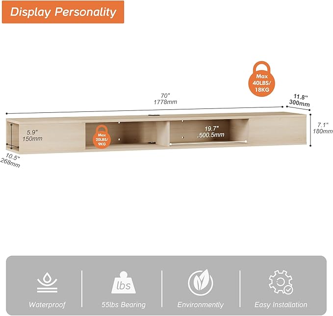 WAMPAT 70 inch Floating TV Stand, Entertainment Center Media Console, Wall Mounted Shelf Media Console Cabinet for Storage for 65/70/75 Inch TVs, Oak