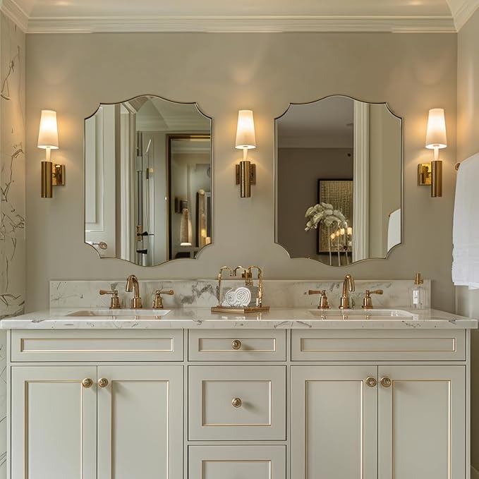 24x32 Gold Mirror, Brushed Gold Scalloped Mirror for Bathroom in Premium Stainless Steel Metal Thin Frame Deep 1", Antique Brass Irregular Wall Mirror Hangs Horizontal or Vertical