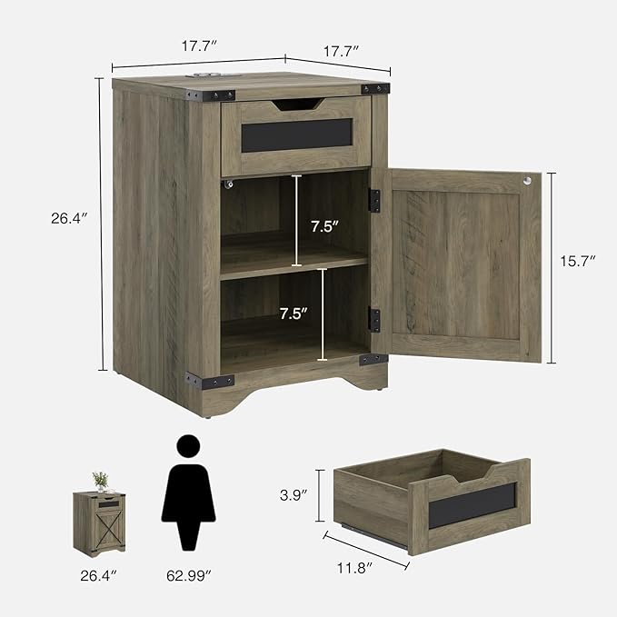 Farmhouse End Table Set of 2 with Charging Station, 26.4" Tall Rustic Nightstand with Drawer and X Barn Door, Country Bedside Sofa Side Table for Living Room, Grey