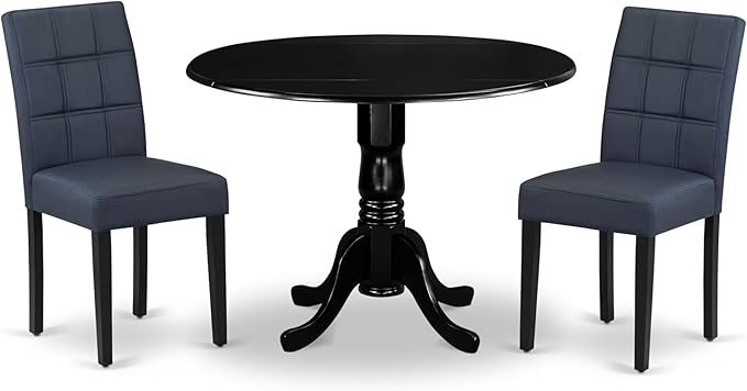 East West Furniture DLAS3-BLK-09 3 Piece Dining Table Set consists A Wood Table and 2 Dark Navy Blue Polyester Fabric Parson Dining Chair with Stylish Back- Black Finish