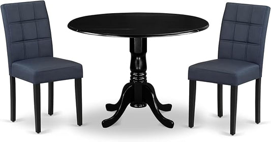 East West Furniture DLAS3-BLK-09 3 Piece Dining Table Set consists A Wood Table and 2 Dark Navy Blue Polyester Fabric Parson Dining Chair with Stylish Back- Black Finish