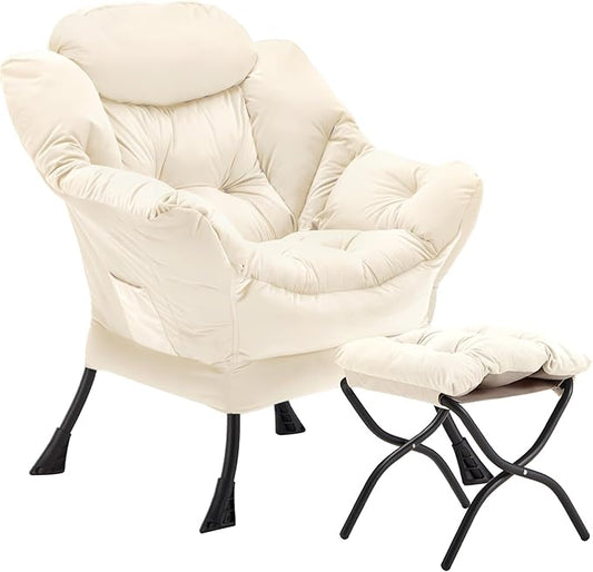 Lazy Chair with Folding Ottoman, Accent Chair Velvet Upholstered with Metal Structure and Non-Slip Pads, Sofa Armchair with Footrest and Side Storage Bag for Dorm, Room, Office, Beige
