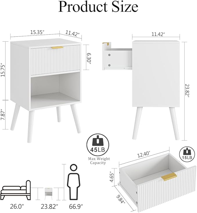 Nightstand, Small Side Table, Bedside Table with Drawer, Modern Night Stand, End Table for Bedroom, Living Room (White Stripe)
