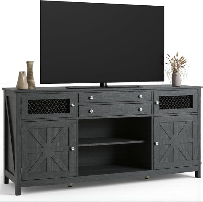 YITAHOME Farmhouse TV Stand for TVs up to 65", 59" Entertainment Center with 2 Large Drawers & Visual Grid Door, Rustic TV Media Console for Living Room, Dark Grey