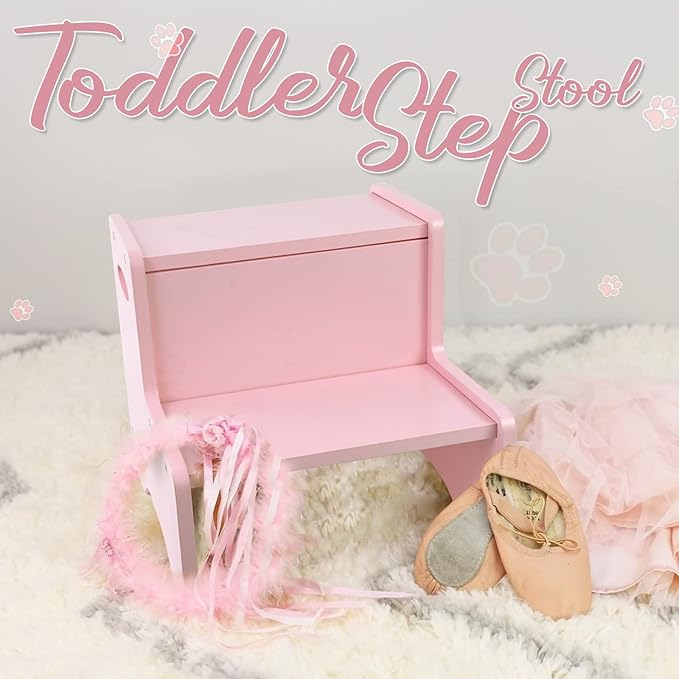 WOOD CITY Wooden Toddler Step Stool for Kids, Pink Two Step Children's Stool with Handles, Bonus Non-Slip Pads for Safety, Bathroom Potty Stool & Kitchen Step Stools Dual Height