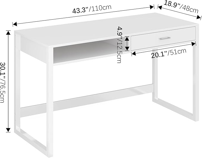 4NM 43.3" Computer Desk with Drawer, Morden White Home Office Desk, Study Writing Table with Storage for Small Spaces,Vanity Desk Makeup Table for Bedroom- White