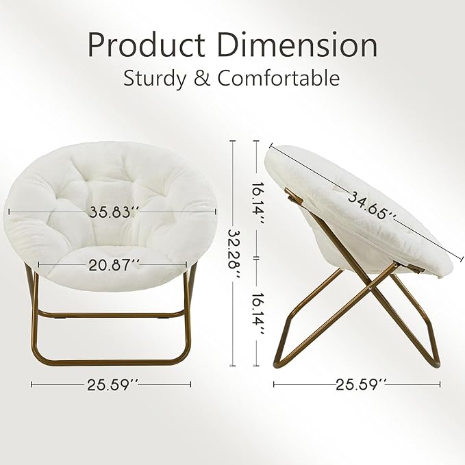 Saucer Chair Faux Fur with Soft and Thick Padded Seat Metal Frame, Modern Style Folding Cozy Chair for Living Room, Bedroom, XL, White
