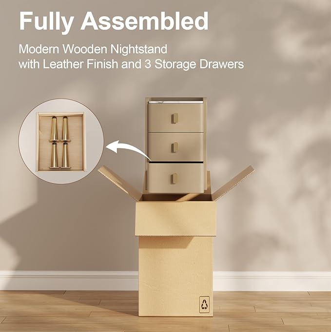 Narrow Nightstand with Drawers, Narrow Side Table Leather, Small Bedside Tables for Bedroom. (Beige)