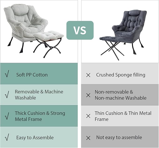 Lazy Chair with Ottoman, Modern Chair with Folding Footrest, Lounge Accent Chair, Comfortable Reading Chair (Plush Green)