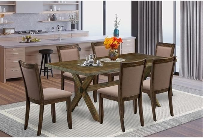 East West Furniture X777MZ748-7 7 Piece Dinette Set Consist of a Rectangle Dining Room Table with X-Legs and 6 Coffee Linen Fabric Parsons Dining Chairs, 40x72 Inch, Multi-Color