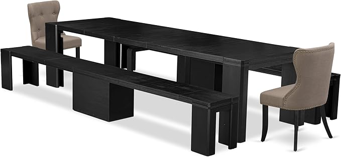 X02SI-206-48 - 5-pc Modern Dining Room Table Set a Rectangular Kitchen Table and 2 wooden Benches and 2 coffee Linen Fabric Dining Chair, 39x120 Inch, Wire Brushed Black