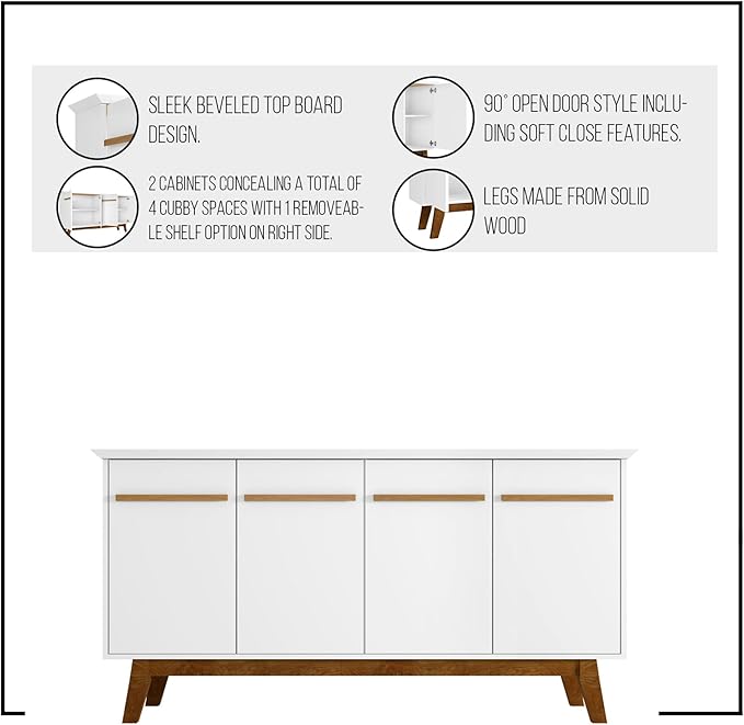 Manhattan Comfort Yonkers 63 Inch Buffet Sideboard with 2 Cabinets & Soft Close Doors, Storage Furniture with Stylish Beveled Top, Solid Wood Legs, Rustic Brown