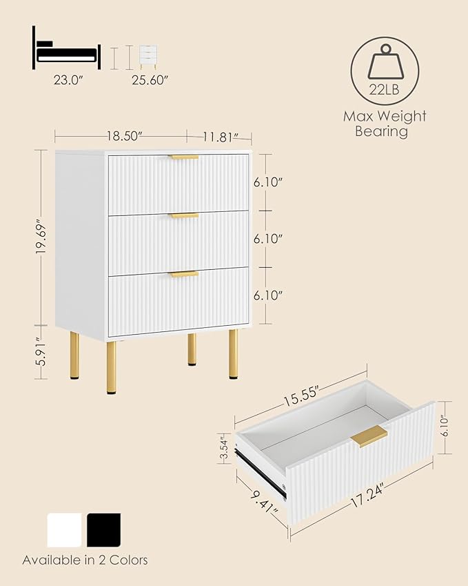 Night Stand,Tall Bedside Table with 3Storage Drawers,White Nightstand,Bedside Furniture,Side Table with Gold Frame,End Table for Bedroom,Living Room (Modern-3drawers, White)