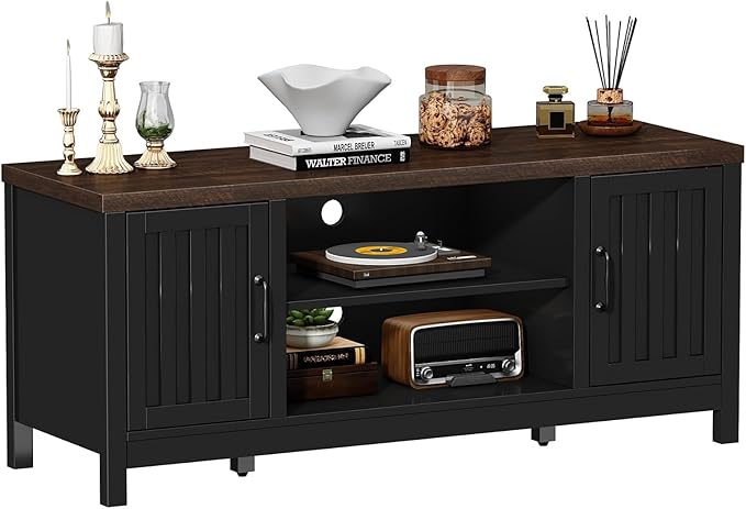 ChooChoo Farmhouse TV Stand for Televisions up to 55 inches, Entertainment Center Console Table Media Furniture with Storage Cabinets and Open Shelves, Fluted Door, for Living Room Bedroom, Black