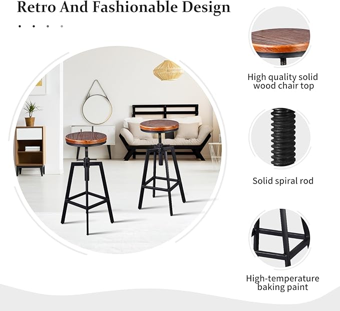 Set of 2 Vintage Bar Stools 25.6-31.5inch Height Adjustable Farmhouse Dinning Stool Swivel Wooden Seat Kitchen Island Counter Chair