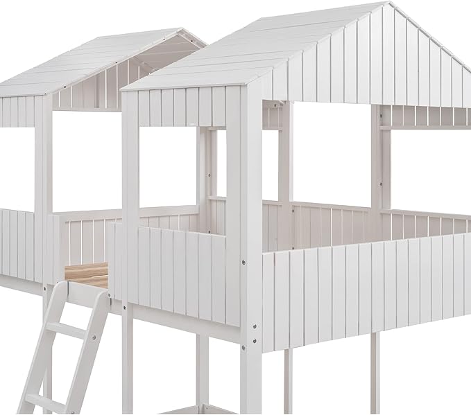 Ball & Cast Full Over Full Size Playhouse Bunk Bed with Roof and Window,Wood Bunkbed w/Full-Length Guard Rail & Ladder,Slat Support,Space Saving,Bedroom Furniture for Student Dorms,White