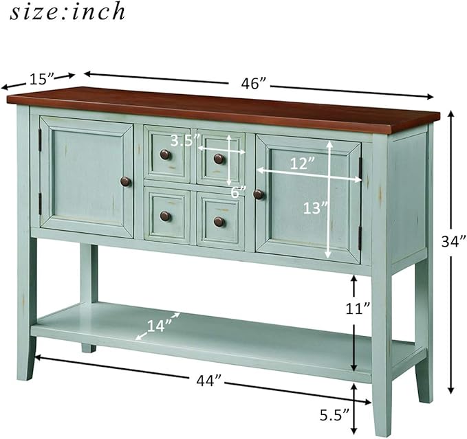 Merax Wood Farmhouse Buffet Sideboard Table with Drawers and Bottom Shelf Console Table for Living Room Dinning Room Kitchen (Retro Blue)