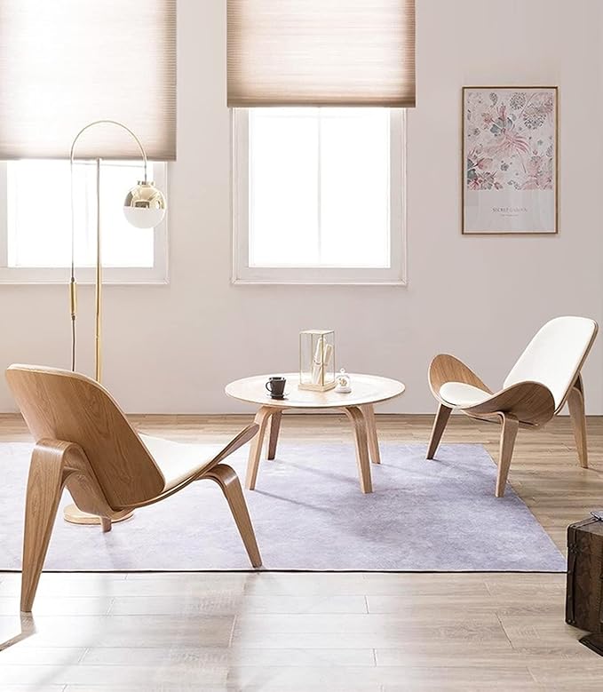 Hans Wegner Style Three- Legged Shell Chair Ash Plywood White Faux Leather Accent Chair Living Room Furniture Mid-Century Modern Shell Chair (Wood Color-White)