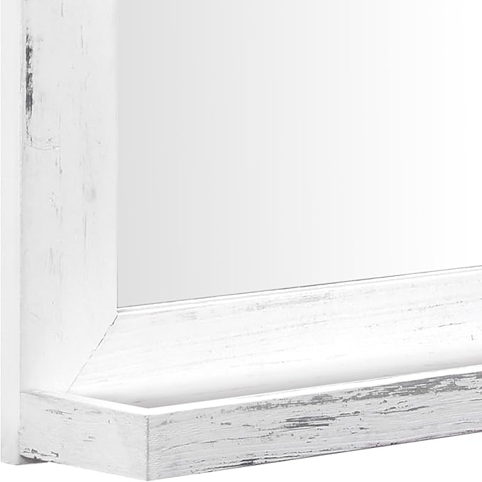 QDSSDECO 16"×20" Wall Mirror with Shelf Farmhouse Decor Rectangular Mirror Hanging for Bathroom, Vanity, Bedroom, Entryway, Living Room,White with Hemp Rope