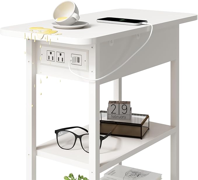 LIDYUK End Table with Charging Station, Set of 2 Flip Top Narrow Side Table for Small Spaces, Nightstands Set of 2 for Bedroom, End Tables Living Room with Storage Shelves, White