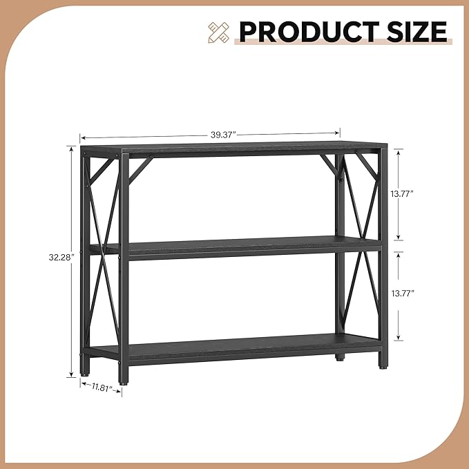 Homeiju Entry Table 40" Width, 3-Tier Entryway Table with Storage, Industrial Sofa Table with Open Shelves, Foyer Tables for Entryway, Hallway, Kitchen, Living Room and Bedroom, Black