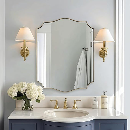 28x36 Inch Gold Scalloped Mirror, Bathroom Vanity Mirror with Stainless Steel Metal Frame, Anti-Rust, Shatterproof HD Glass, Unique Irregular Mirror for Bathroom, Bedroom, Living Room