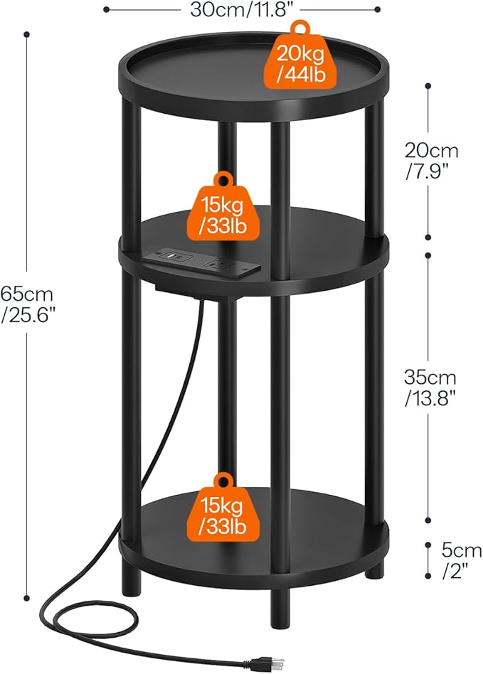 HOOBRO Small Round Side Table with Charging Station, 3-Tier Round Bamboo End Table, Compact Sofa Bedside Table for Small Space, Easy Assembly, for Living Room, Bedroom, Apartment, Black BB152UBZ01