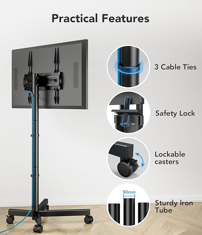 AX WABER Mobile TV Cart Stand with Wheels for 23-60" tvs, Height Adjustable, Portable Floor Stand Holds up to 88 lbs, Rolling TV Mount max VESA 400x400mm