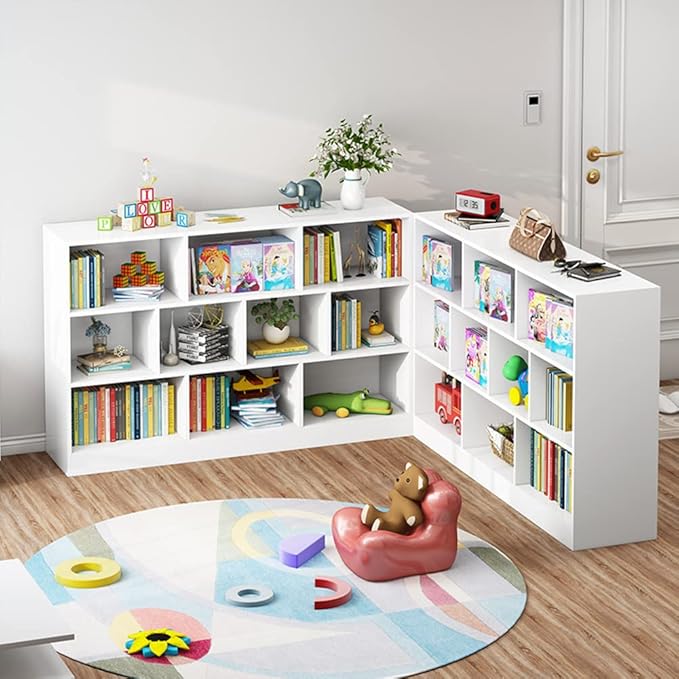 IOTXY Open Shelf Low Bookcase - Wooden 3-Tier Floor Standing Display Cabinet Organizer with Base, 10 Cubes Short Horizontal Bookshelf in Pear Yellow