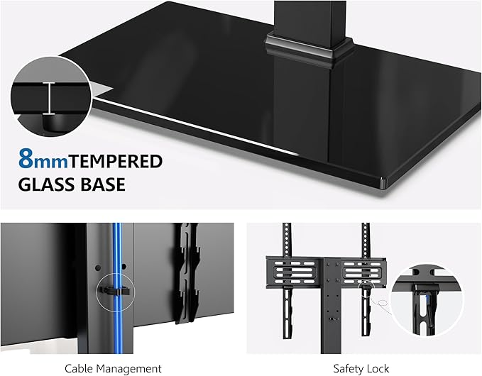 FITUEYES Universal TV Stand, Swivel TV Table Stands for 27-55 Inch Flat Screen, Tabletop TV Stand with Mount for Bedroom/Living Room, Height Adjustable, Holds up to 88 lbs, Glass Base, Black