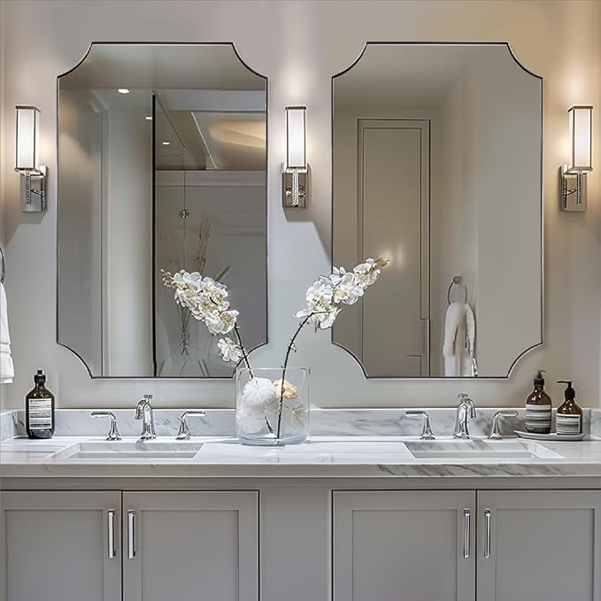 ANDY STAR 24x36 Inch Chrome Mirror, Scalloped Bathroom Mirror, Polished Chrome Framed Mirror in Anti-Rust Stainless Steel Metal Thin Frame Deep 1’’, Unique Scalloped Edge Design
