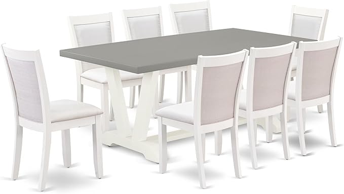 East West Furniture V097MZ001-9 9 Piece Modern Dining Table Set Includes a Rectangle Wooden Table with V-Legs and 8 Cream Linen Fabric Upholstered Parson Chairs, 40x72 Inch, Multi-Color