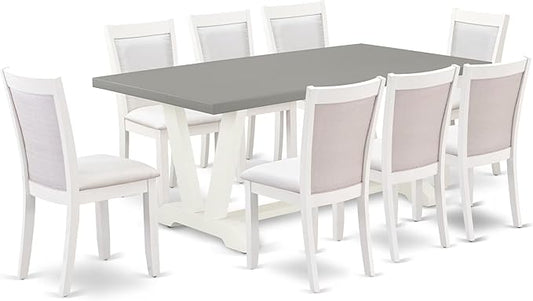 East West Furniture V097MZ001-9 9 Piece Modern Dining Table Set Includes a Rectangle Wooden Table with V-Legs and 8 Cream Linen Fabric Upholstered Parson Chairs, 40x72 Inch, Multi-Color