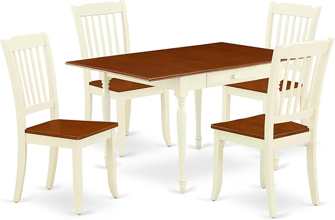 East West Furniture MZDA5-WHI-W 5 Piece Dining Set Includes a Rectangle Dining Room Table with Dropleaf and 4 Wood Seat Chairs, 36x54 Inch, Buttermilk & Cherry