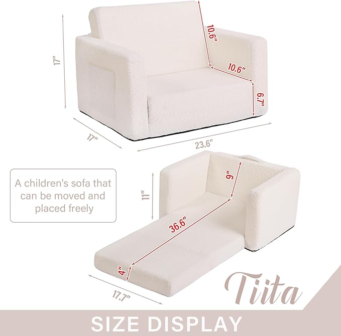 Tiita Kids Sofa, 2-in-1 Kid Sofa Chair, Convertible Chirldren Couch to Lounger, Flip Out Kids Sofa Chair, Toddler Armrest Chair Bed, Folding Kids Play Sofa for Girl or Boy, Grey
