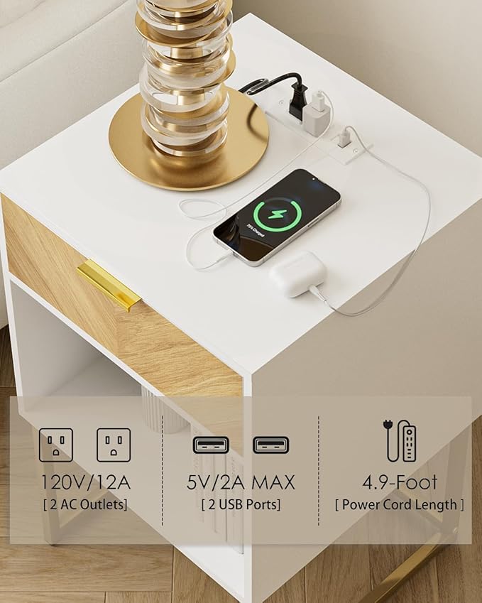 Nightstand with Charging Station,Modern Night Stand Boho Farmhouse Wood Bedside Table with Storage Drawer and Open Shelf,Side End Table for Bedroom,Living Room,White