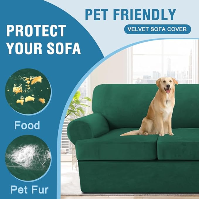 H.VERSAILTEX Sofa Cover 4 Piece T Cushion Sofa Slipcovers Thick Velvet Couch Cover Stretch T Cushion Sofa Covers for 3 Cushion Couch with 3 Individual T Cushion Covers, Vintage Green
