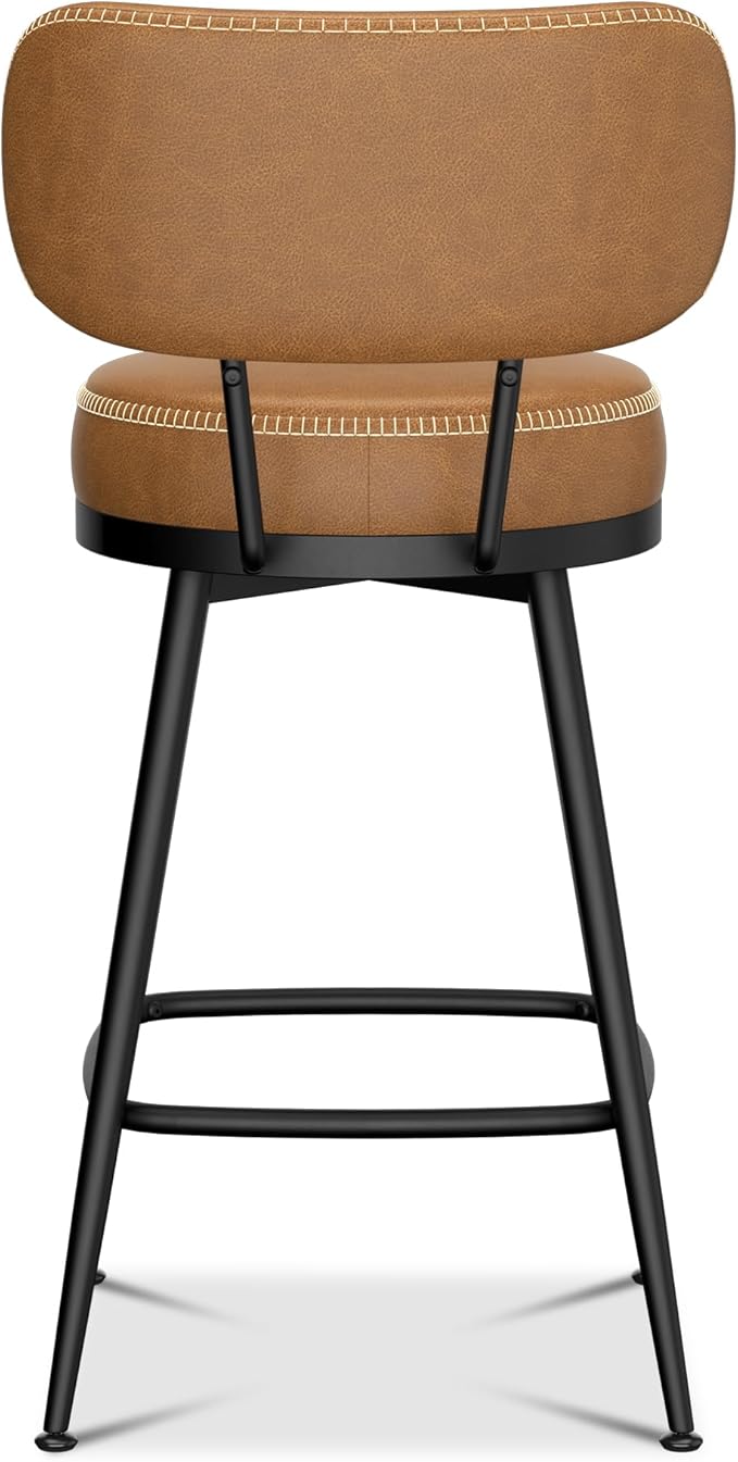 Counter Height Bar Stools, 26" H Swivel Barstools Set of 2, Faux Leather Kitchen Counter Stools with Back and Stylish Stitching, Metal Frame, Pub, Home Bar, Whisky Brown