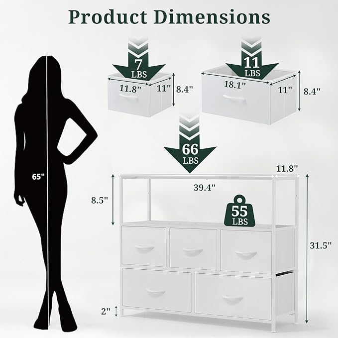 TV Stand, 5 Fabric Drawers Dresser Entertainment Center for TV up to 45 inch Wooden Media Console Table Storage Organizer with Open Shelf, for Living Room, Bedroom, or Small Space, White