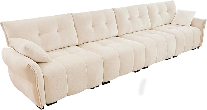 Modern Chenille Fabric 4-Seat Sofa w/ 2 Pillows, Premium Upholstery Living Room Couch with Tufted Backrest & Comfortable Armrests and High-Resilience Memory Foam Cushions,White
