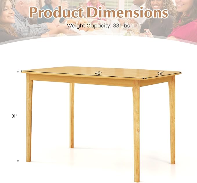 COSTWAY Dining Table, 48” Wooden Rectangular Kitchen Table with Solid Rubber Wood Legs, Spacious Tabletop for Kitchen, Dining Room, Restaurant